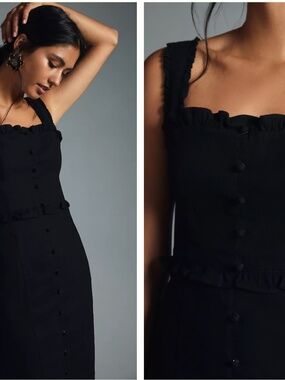 By Anthropologie The Linden Black Ruffle Button Midi Dress Size S NWOT